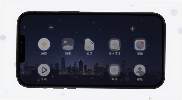 另喜夜间模式界面展示,手机屏幕呈现深色背景与柔和图标,背景为夜晚城市剪影与星光,画面整体安静舒适,突出另喜界面清爽无干扰、适合夜间使用的特点