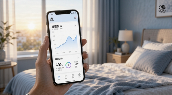 画面展示丝涟智能生活APP的睡眠数据报告页面,手机屏幕显示曲线图与睡眠评分,背景为清晨卧室窗边,光线柔和,色调清新,突出数据可视化与健康管理主题,画面细节丰富,适合用作丝涟智能生活数据功能配图