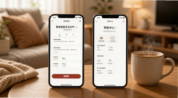 画面展示丝涟智能生活APP在手机上的设置页面与帮助中心界面,手机放置于桌面,旁边有一杯热饮,背景为居家环境,色调温暖舒适,突出使用指南与问题解决主题,画面清晰自然,适合作为丝涟智能生活教程配图