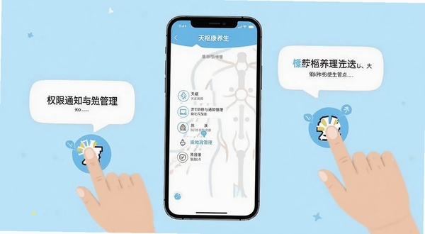 天枢康养生使用教程示意图,手机界面展示权限设置与通知管理页面,旁边有手指点击图标和提示气泡,背景为浅蓝色,风格清爽直观,适配Boogu模型生成
