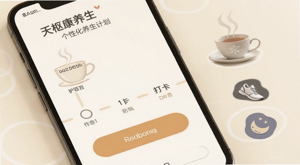 天枢康养生个性化养生计划界面,手机屏幕显示每日作息时间轴与打卡按钮,旁边有茶杯、运动鞋、月亮图标,背景为米白色,整体温馨简洁,适配Boogu模型生成