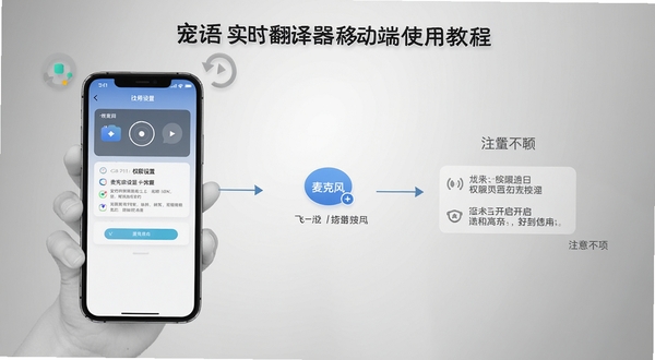 宠语实时翻译器移动端使用教程示意图,手机界面展示权限设置与麦克风开启步骤,背景为简洁的灰色渐变,画面清晰展示操作流程与注意事项