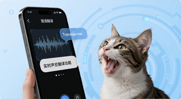 宠语实时翻译器实时声纹翻译功能界面,手机屏幕显示声波波形与翻译气泡,一只猫咪正在对着手机叫,背景为浅蓝色科技感渐变,画面突出实时翻译的科技感与宠物的可爱互动