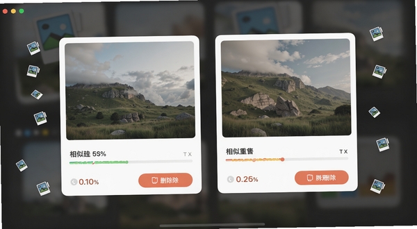 �ҵ��������ظ���Ƭ�������ܽ��棬��������Ϊ���鲢�ŵ���Ƭ�Աȿ�Ƭ����Ƭ�ϴ������ƶȰٷֱȱ�ʶ��ɾ��������ť����������Ϊ���ɫ��͸��ë����Ч������ΧƯ����ϸС����Ƭ��Ƭͼ�꣬ͻ���������������Ӿ�����