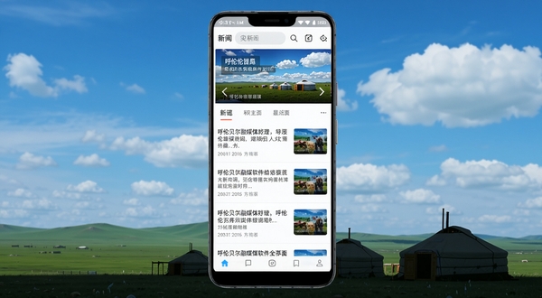 呼伦贝尔融媒软件主界面全貌展示,画面主体为一部竖屏安卓手机,屏幕内呈现新闻资讯列表与顶部轮播图,背景区域为呼伦贝尔草原蓝天白云与蒙古包剪影,整体色调清新自然,适配Boogu模型生成