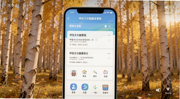 呼伦贝尔融媒版本更新界面截图,手机屏幕显示更新日志列表与功能图标,背景为呼伦贝尔秋季白桦林,画面温暖明亮,适合Boogu模型生成