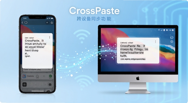 CrossPaste 跨设备同步功能展示图,画面左侧是手机屏幕显示复制了一段文字,右侧是电脑屏幕显示粘贴出同样内容,中间用流动的光线连接,背景为浅蓝色渐变,突出同步的即时感与科技感