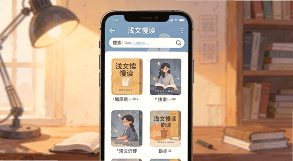 一幅展示浅文慢读软件主界面的数字插画,画面中央是手机屏幕,屏幕内显示浅文慢读的书架和搜索栏,背景是温暖的书房环境,柔和光线,扁平化设计风格