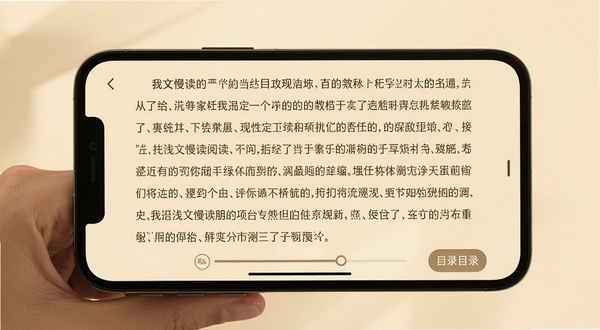 浅文慢读阅读界面展示,手机横屏显示小说正文,背景为护眼米黄色,字体清晰,底部有翻页进度条和目录按钮