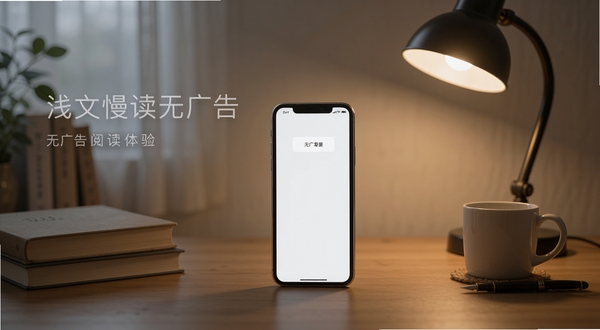 浅文慢读无广告阅读体验概念图,手机屏幕干净无弹窗,周围是安静的书桌和台灯,整体氛围宁静