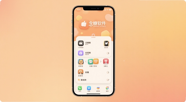 念糖软件主界面全貌展示,手机屏幕居中,背景为柔和暖色调渐变,界面清爽简洁,图标圆润,整体呈现生活服务类应用氛围