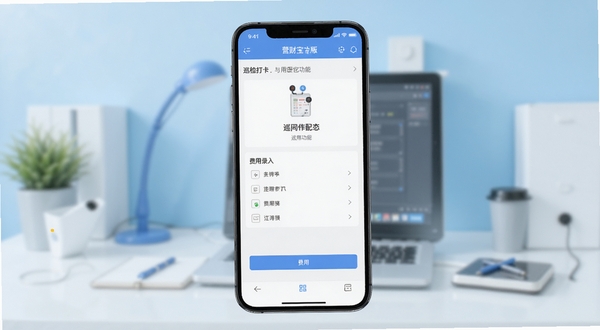 营财宝综合版巡检记账功能界面展示,手机屏幕中央显示巡检打卡与费用录入同屏操作,背景为浅蓝色办公场景,画面简洁清晰