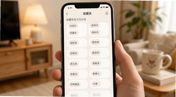 中殊臻选 收藏夹分组界面 手机屏幕特写 标签分类清晰 柔和圆角卡片 浅色背景 温馨居家氛围