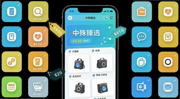 中殊臻选 优惠聚合页面 手机界面 价格标签与品类图标环绕 明亮清爽配色 扁平化设计 科技感十足