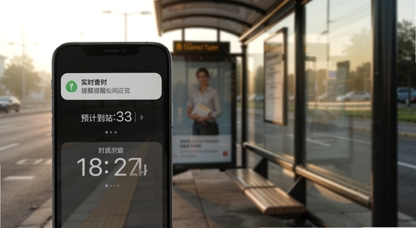 定位实时查公交软件到站提醒与时间预估功能展示,手机屏幕弹出提醒通知与预计到站时间倒计时,背景为清晨公交站台场景,光线柔和