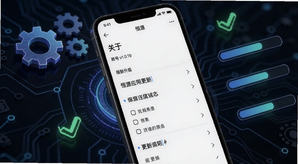 恒源应用更新日志与版本信息界面截图,画面主体为手机屏幕,屏幕内显示恒源App的“关于”页面,包含版本号v1.0.19和更新条目列表;背景为深色科技感桌面,有齿轮、对勾、进度条等抽象元素点缀,突出迭代升级氛围,适配Boogu模型生成