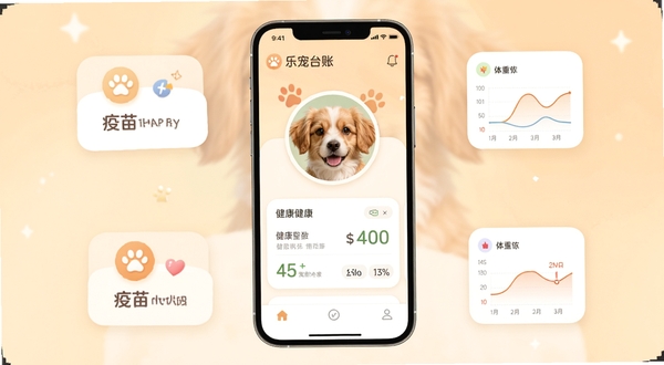 乐宠台账 手机应用主界面 宠物档案卡片式布局 背景为柔和暖色调 画面中央展示宠物头像与健康数据面板 周围环绕疫苗提醒图标和体重曲线小图 整体风格简洁清新 适配Boogu模型生成