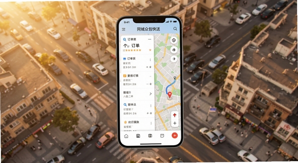 同城众包快送软件主界面全貌展示,画面中央为手机屏幕呈现订单列表与地图导航区域,背景为城市街区俯视图,色调温暖明亮,突出同城即时配送场景