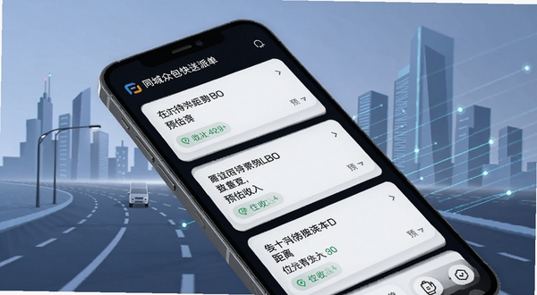 同城众包快送智能派单界面,手机屏幕显示多个待接订单卡片,标注距离与预估收入,背景为城市道路与建筑轮廓,风格简洁科技感