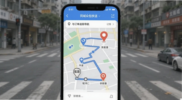 同城众包快送导航与订单追踪界面,手机屏幕展示地图路线与配送节点,画面中有骑手图标与目的地标记,背景为城市街道,风格清晰直观