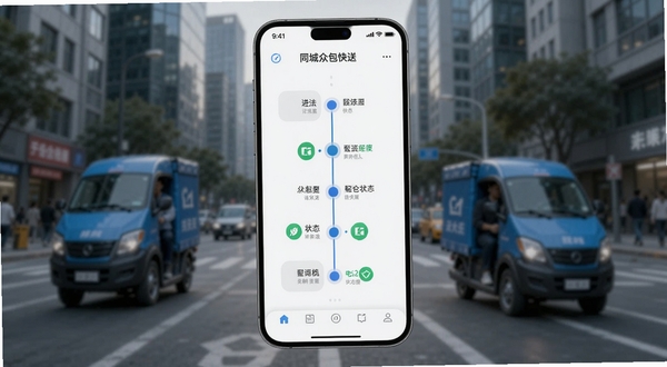 同城众包快送订单追踪时间轴界面,手机屏幕展示配送进度节点与状态图标,背景为城市配送场景,风格现代简约
