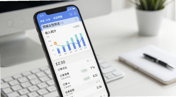 同城众包快送收益明细页面,手机屏幕显示收入统计图表与订单列表,背景为简洁办公桌面,色调柔和,突出数据可视化