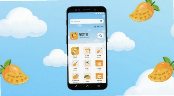画面中央放置一部安卓手机,手机屏幕显示芒果浏览的简洁主页,搜索框位于顶部,背景为淡蓝色渐变,周围环绕着轻盈的云朵和芒果形状的图标点缀,整体风格清爽明快,适配Boogu模型生成