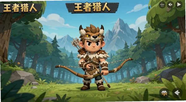 王者猎人游戏主界面全景展示,中央位置站立一位身穿兽皮护甲的猎人角色手持长弓,背景区域为茂密森林与远山轮廓,画面风格为清新卡通渲染,色彩明亮,适配Boogu模型生成