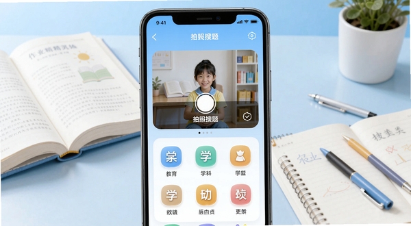 作业精灵软件主界面全貌展示,画面中央为手机屏幕内显示拍照搜题功能入口与各学科分类图标,背景为浅蓝色渐变学习场景,书桌上摆放课本与文具,整体风格清新明快,适配教育类APP宣传图