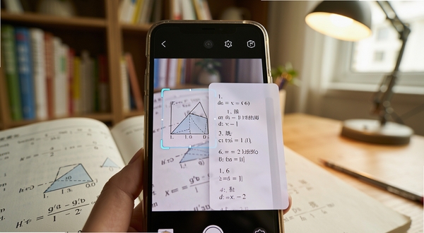 作业精灵拍照搜题功能特写,画面中手机镜头对准数学练习册上的几何题,屏幕内显示识别框与解题步骤浮层,背景为温馨书房环境,光线柔和自然,突出智能识别与学习辅助氛围
