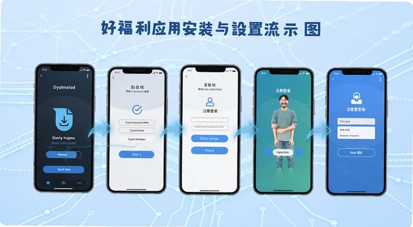 好福利应用安装与设置流程示意图,画面展示手机屏幕从下载到注册登录的多个步骤缩略图,背景为淡蓝色科技感线条,突出操作引导的清晰感