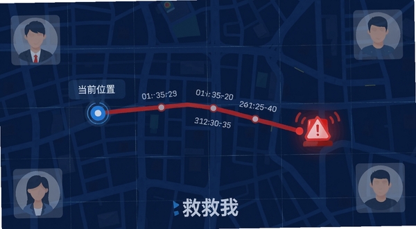 救救我软件界面截图风格插画,展示一张城市地图上有一条红色的移动轨迹线,轨迹起点是一个蓝色圆点标注为当前位置,终点是一个闪烁的红色警报图标。地图背景上有网格线和街道轮廓,轨迹线旁边标注着时间戳和距离变化。画面四周有半透明的联系人头像图标,表示位置信息正在同步发送。整体色调以深蓝和红色为主,突出定位追踪的科技感和紧迫感,画面下方有救救我软件的名称标识。