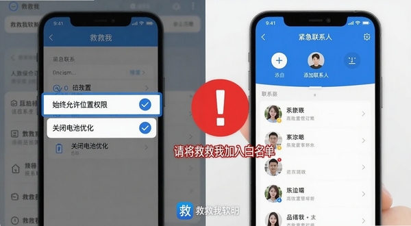 救救我软件使用教程示意图,画面分为左右两部分。左侧展示手机设置界面,高亮标注“始终允许位置权限”和“关闭电池优化”两个选项,旁边有蓝色对勾图标。右侧展示救救我应用内的紧急联系人管理页面,有添加联系人的加号按钮和联系人列表。画面中央有一个醒目的红色感叹号图标,提示“请将救救我加入白名单”。整体风格为扁平化UI设计,色彩以蓝白为主,红色作为警示色点缀,画面底部有救救我软件Logo。