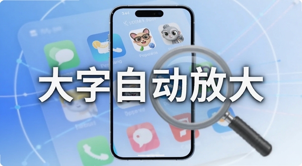 画面主体为一部现代智能手机,屏幕中显示被放大的清晰文字与图标,背景为柔和的蓝白渐变科技风格,画面中央醒目展示“大字自动放大”软件名称与放大镜元素,整体构图简洁明快,适配Boogu模型生成。
