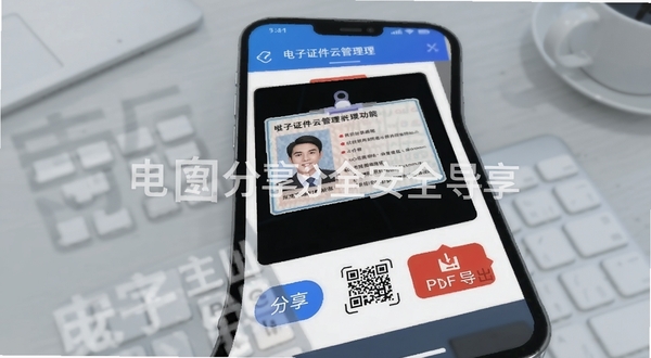 电子证件云管理分享与导出功能界面,手机屏幕显示证件预览图,下方有分享按钮、二维码图标和PDF导出选项,背景为浅灰色办公桌面,画面中有水印文字浮层,突出安全分享主题