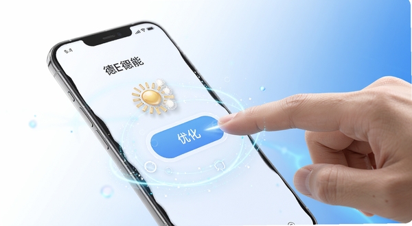德E智能一键优化功能展示,画面中一只手轻触手机屏幕上的优化按钮,屏幕周围出现清理光效,背景为明亮的白色与蓝色渐变,突出德E智能的便捷操作体验