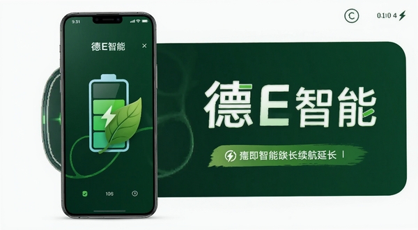 德E智能省电模式界面展示,手机屏幕显示电池图标与绿叶元素结合,背景为深绿色节能风格,画面中有德E智能字样,突出续航延长效果