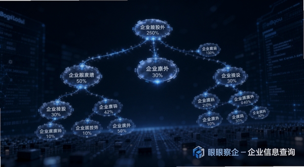 画面主体为悬浮在半空中的半透明企业股权结构图谱,节点之间以发光线条连接,每个节点标注企业名称与持股比例,背景为深蓝色科技感数据空间,锐眼察企-企业信息查询的文字标识出现在画面右下角,高清渲染,适配Boogu模型生成