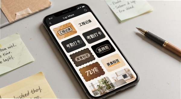 智能拍照水印相机水印模板选择界面,画面展示手机屏幕中排列着多种水印样式卡片,包括工程记录、考勤打卡、美食标签等不同风格,背景为柔和的浅灰色工作台,台面上散落着几张便签纸和一支笔,整体色调温暖舒适