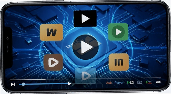 AukPlayer 全格式硬解加速功能展示,画面中央为多个视频格式图标环绕播放按钮,背景为蓝色光效与芯片纹理,体现硬件解码与流畅播放,手机屏幕显示播放进度条和格式标识