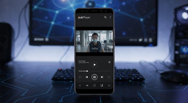 AukPlayer 安卓影音播放器主界面展示,手机屏幕居中放置,画面主体为播放器控制面板与视频画面,背景为深色渐变科技感桌面环境,整体风格简洁明快,突出本地播放与多格式支持特性
