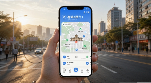 春城e路行+ 下载 软件主界面 充电地图 昆明地标 城市街景 手机应用展示 清晨光线 高清细节