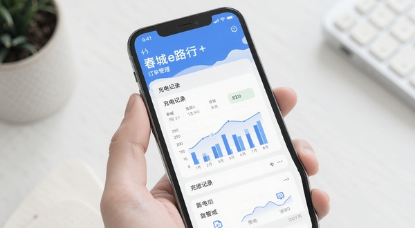 春城e路行+ 订单管理界面 手机屏幕 充电记录 数据图表 简洁风格 高清展示