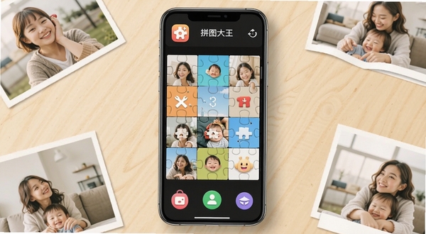 拼图大王软件主界面展示,画面中央为手机屏幕内显示多宫格拼图编辑界面,背景区域为浅色木质桌面,周围散落几张生活照片,整体风格清新明亮,突出拼图大王应用图标与操作界面,适合作为软件介绍头图