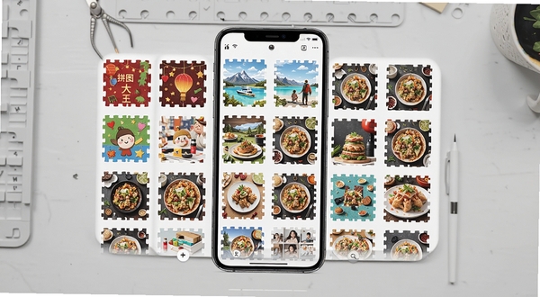 拼图大王模板素材库界面截图,画面展示手机屏幕内排列整齐的多种拼图模板缩略图,背景区域为浅灰色工作台面,模板涵盖节日、旅行、美食等主题,色彩丰富但排版有序,突出拼图大王丰富的模板资源