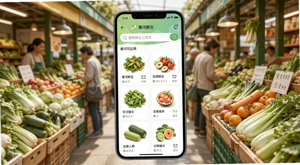 寨河鲜生应用主界面展示,画面中央为手机屏幕内呈现生鲜商品分类列表与搜索栏,背景区域为温馨的社区菜市场场景,色彩明亮清新,整体构图简洁直观,突出移动端购物便捷感