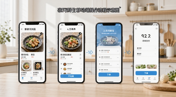 寨河鲜生移动端操作流程示意图,画面展示手机屏幕中从商品浏览到下单支付的连续界面切换,背景为简洁的居家厨房环境,光线明亮,突出操作步骤的连贯性与易用性