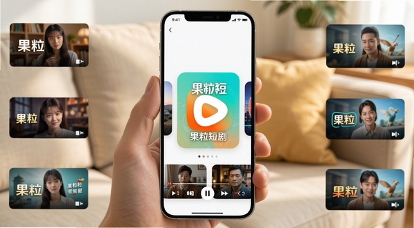 一部智能手机竖屏展示短剧播放界面,屏幕中央是果粒短剧的剧集封面卡片,周围环绕着多个不同题材的短剧缩略图,背景是温暖的客厅沙发一角,画面风格清爽明亮,突出掌上追剧的轻松氛围