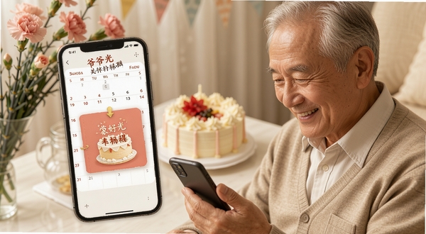 爷爷的时光重要日期提醒功能,手机屏幕显示日历与祝福卡片模板,背景有蛋糕和康乃馨元素,一位爷爷笑着看手机,画面色调温暖,突出关怀与提醒