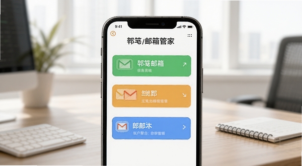 邛笺邮箱管家多账户聚合界面效果图,画面中心为手机屏幕,屏幕内显示三个不同颜色的邮箱标签并列排布,背景为虚化的办公桌面场景,光线明亮柔和,突出软件名称邛笺邮箱管家